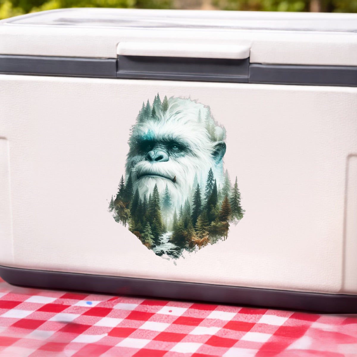 Bigfoot Face UV DTF sticker applied to a white cooler on a red gingham cloth