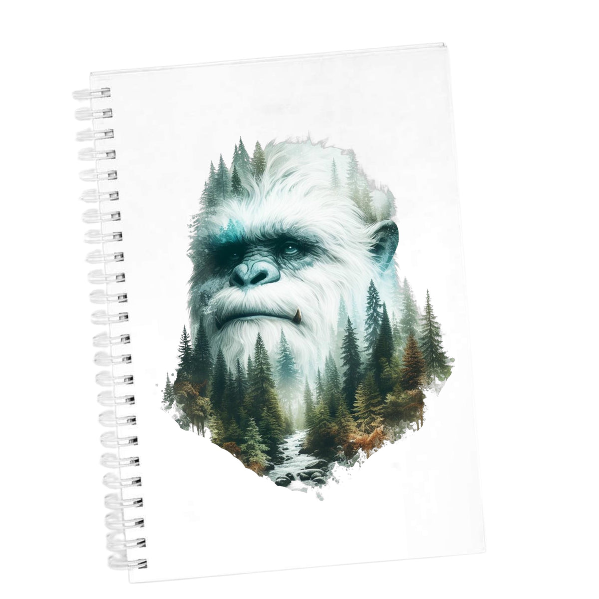 Bigfoot Face UV DTF sticker applied to the cover of a white spiral journal