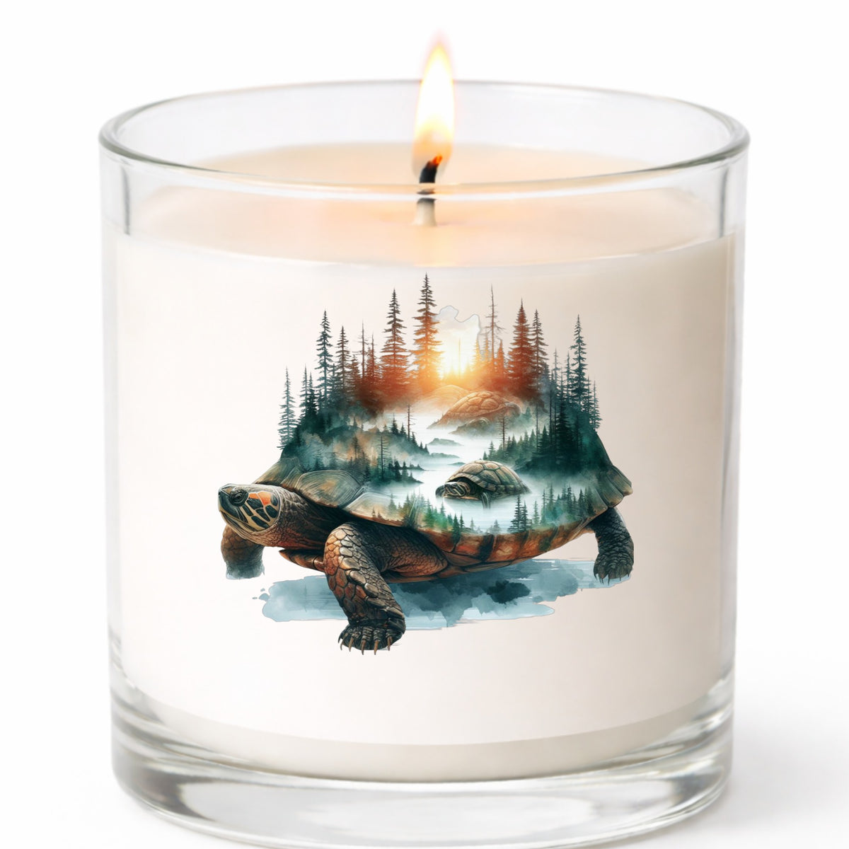 Sunset Turtle UV DTF sticker applied to a white candle in a clear glass jar