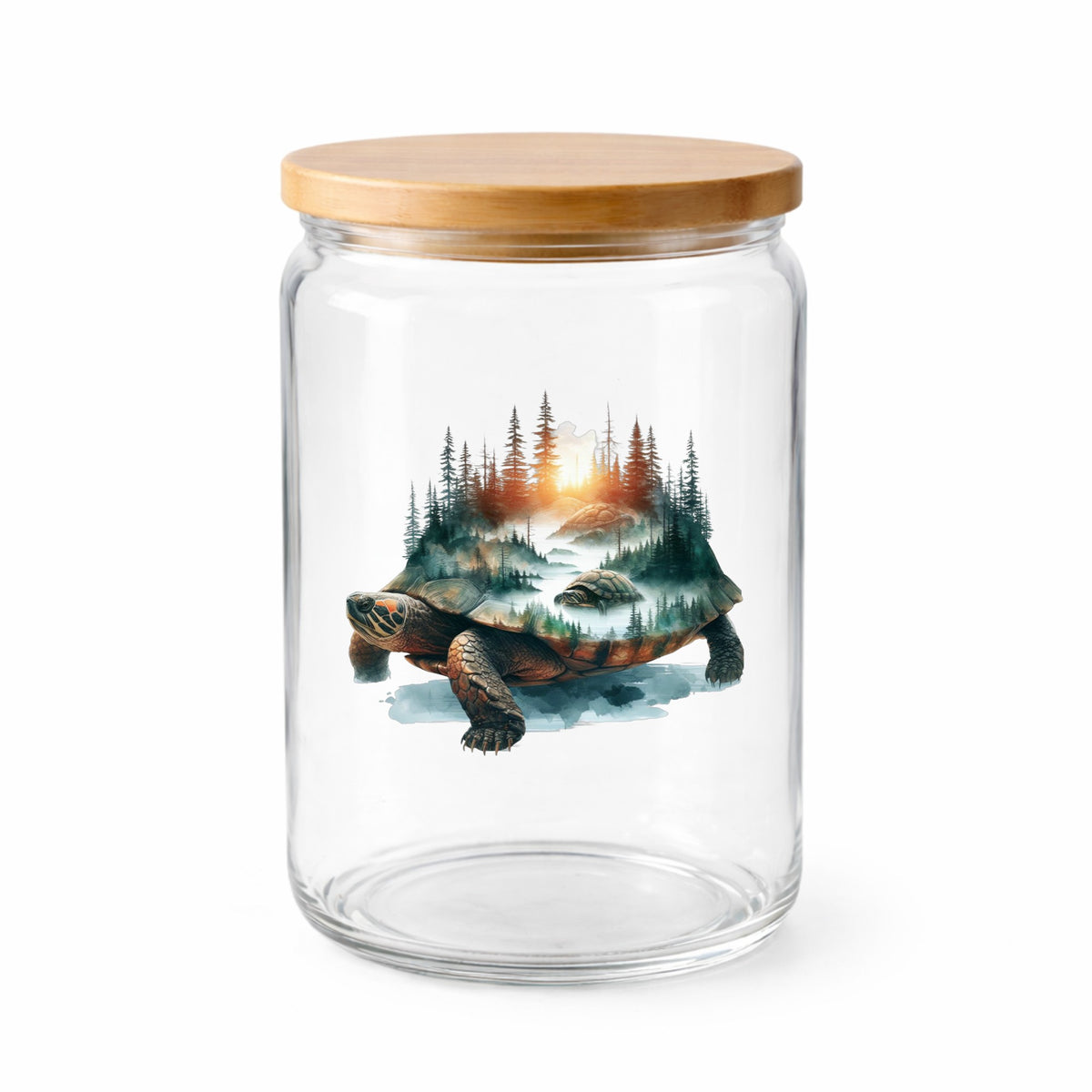 Sunset Turtle UV DTF sticker applied to a clear glass jar with a wooden lid