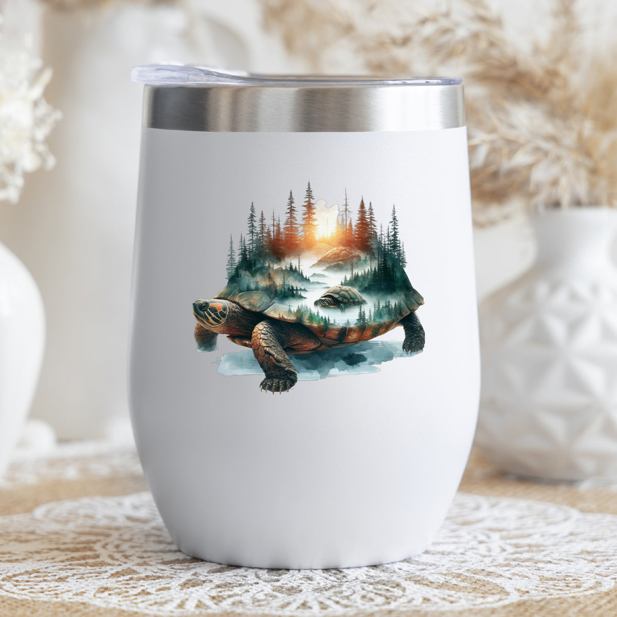 Sunset Turtle UV DTF sticker applied to a white stemless tumbler with a lid