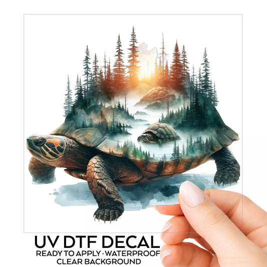 Sunset Turtle UV DTF sticker on its backing card, held in hand