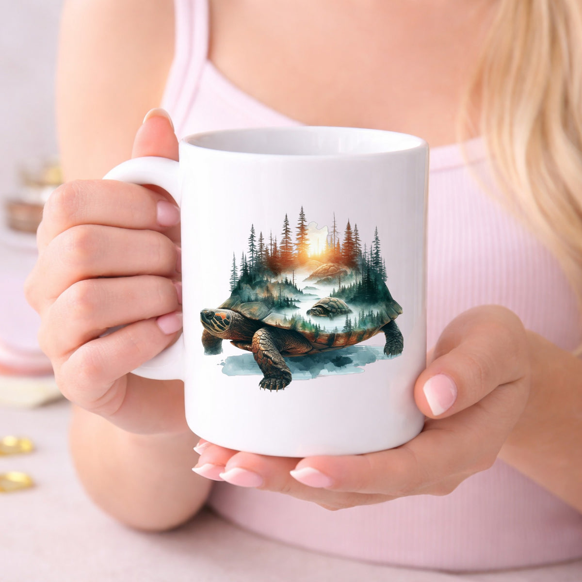 Sunset Turtle UV DTF sticker applied to a white coffee mug held in both hands