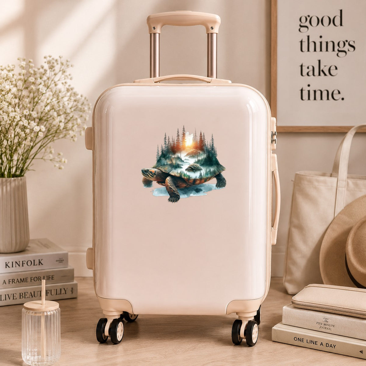 Sunset Turtle UV DTF sticker applied to a cream carry-on suitcase