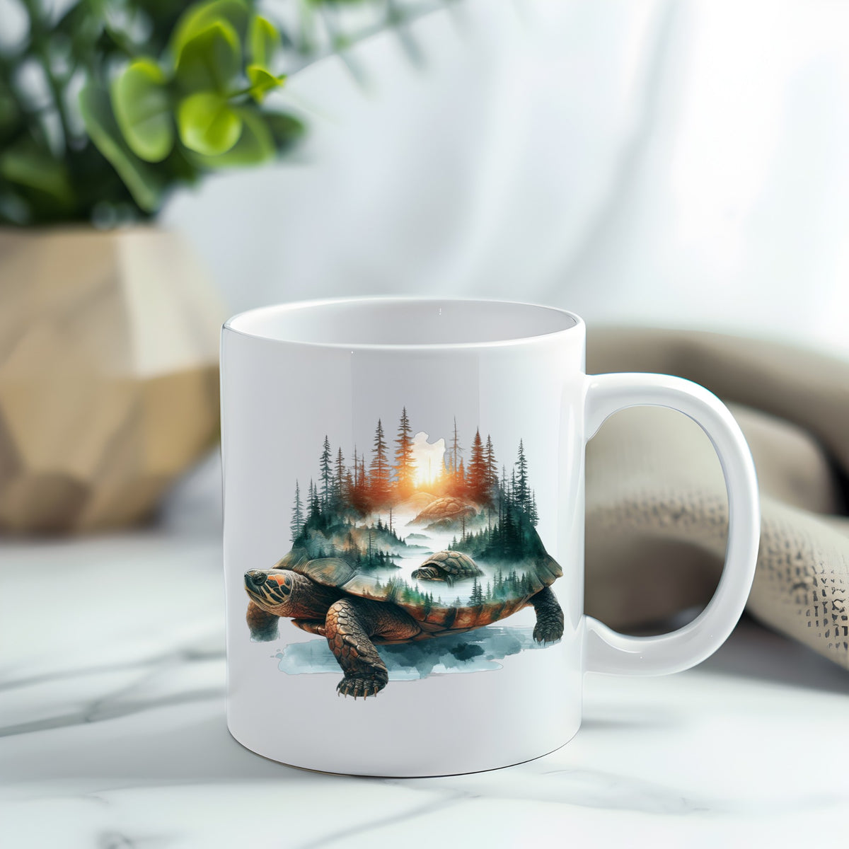 Sunset Turtle UV DTF sticker applied to a white coffee mug