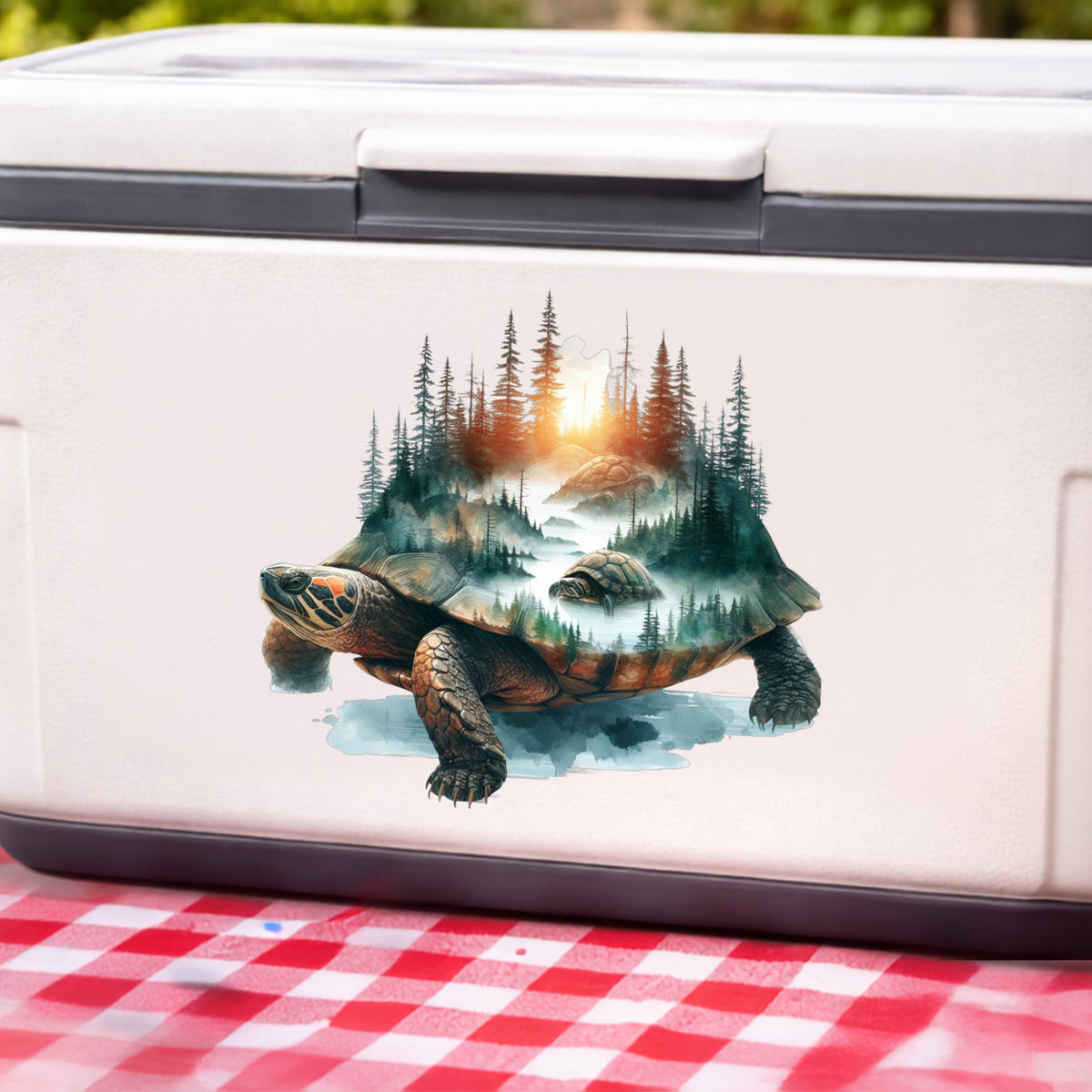 Sunset Turtle UV DTF sticker applied to a white cooler on a red gingham cloth
