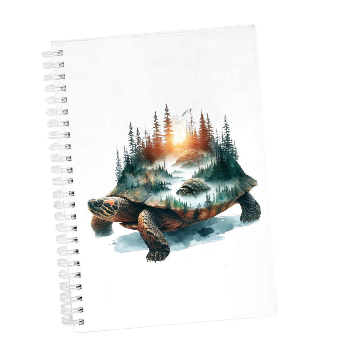 Sunset Turtle UV DTF sticker applied to the cover of a white spiral journal