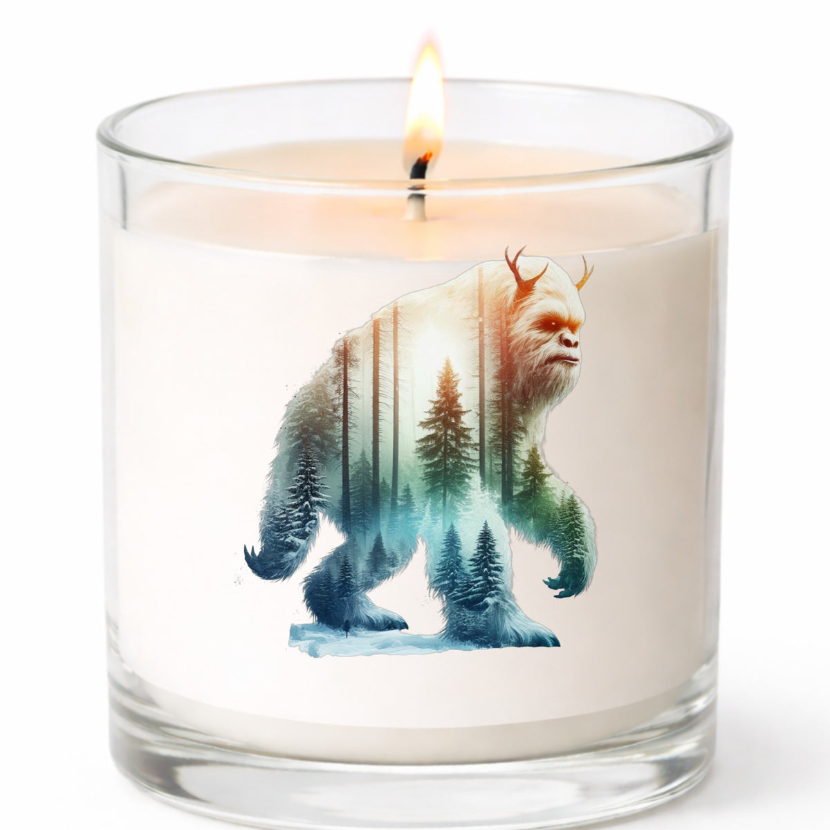 Walking Sasquatch UV DTF sticker applied to a white candle in a clear glass jar