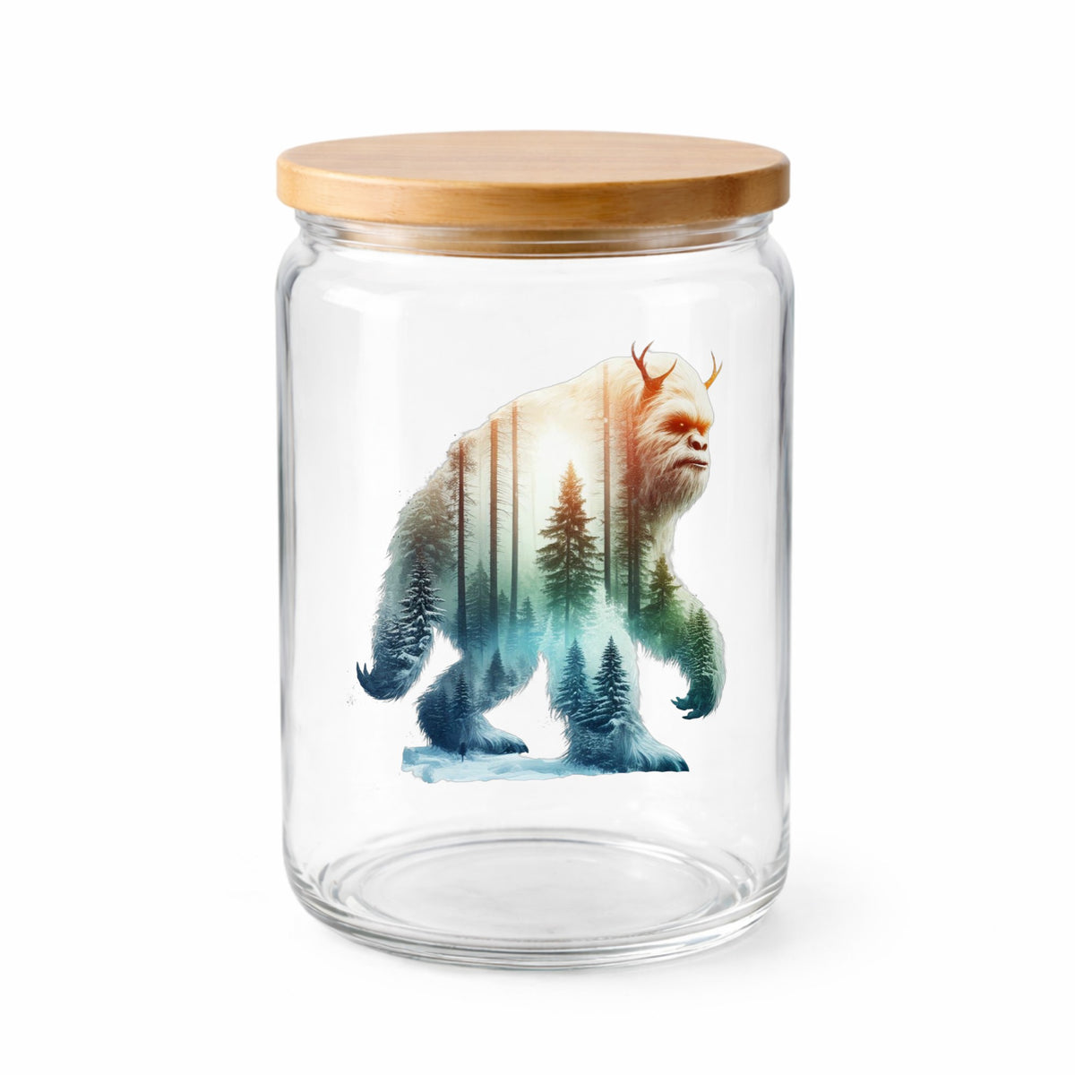 Walking Sasquatch UV DTF sticker applied to a clear glass jar with a wooden lid