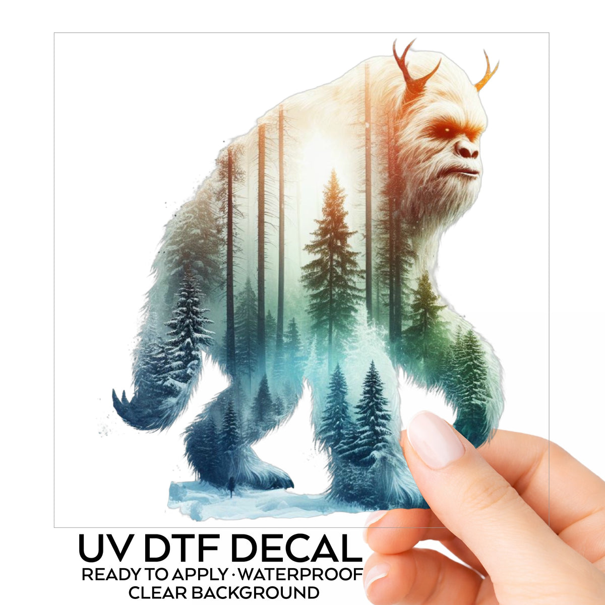 Walking Sasquatch UV DTF sticker on its backing card, held in hand