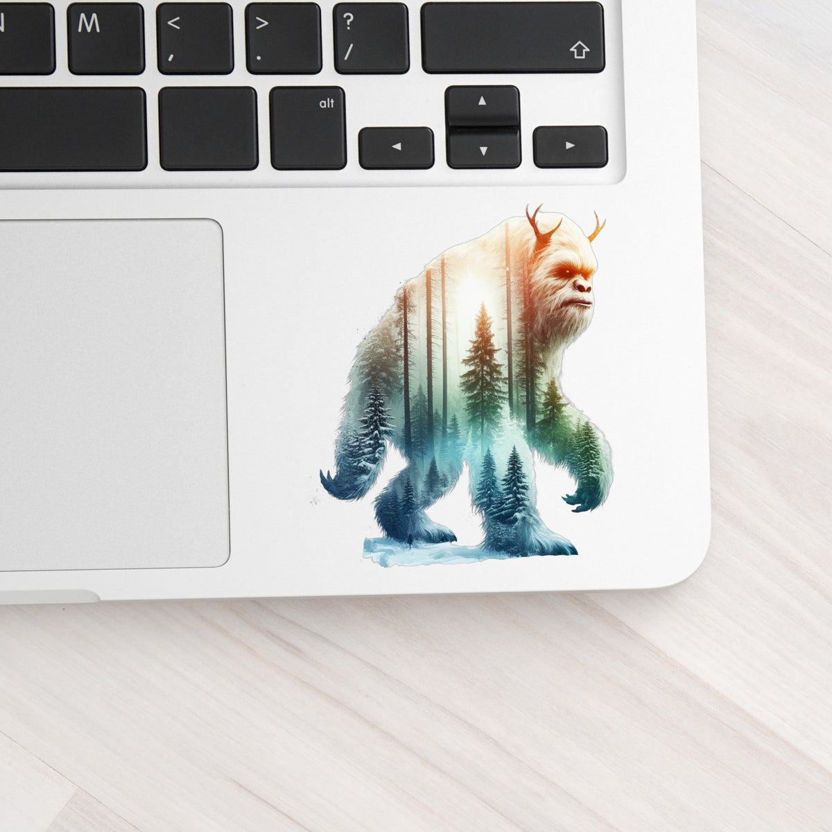 Walking Sasquatch UV DTF sticker applied to a silver laptop beside the keyboard