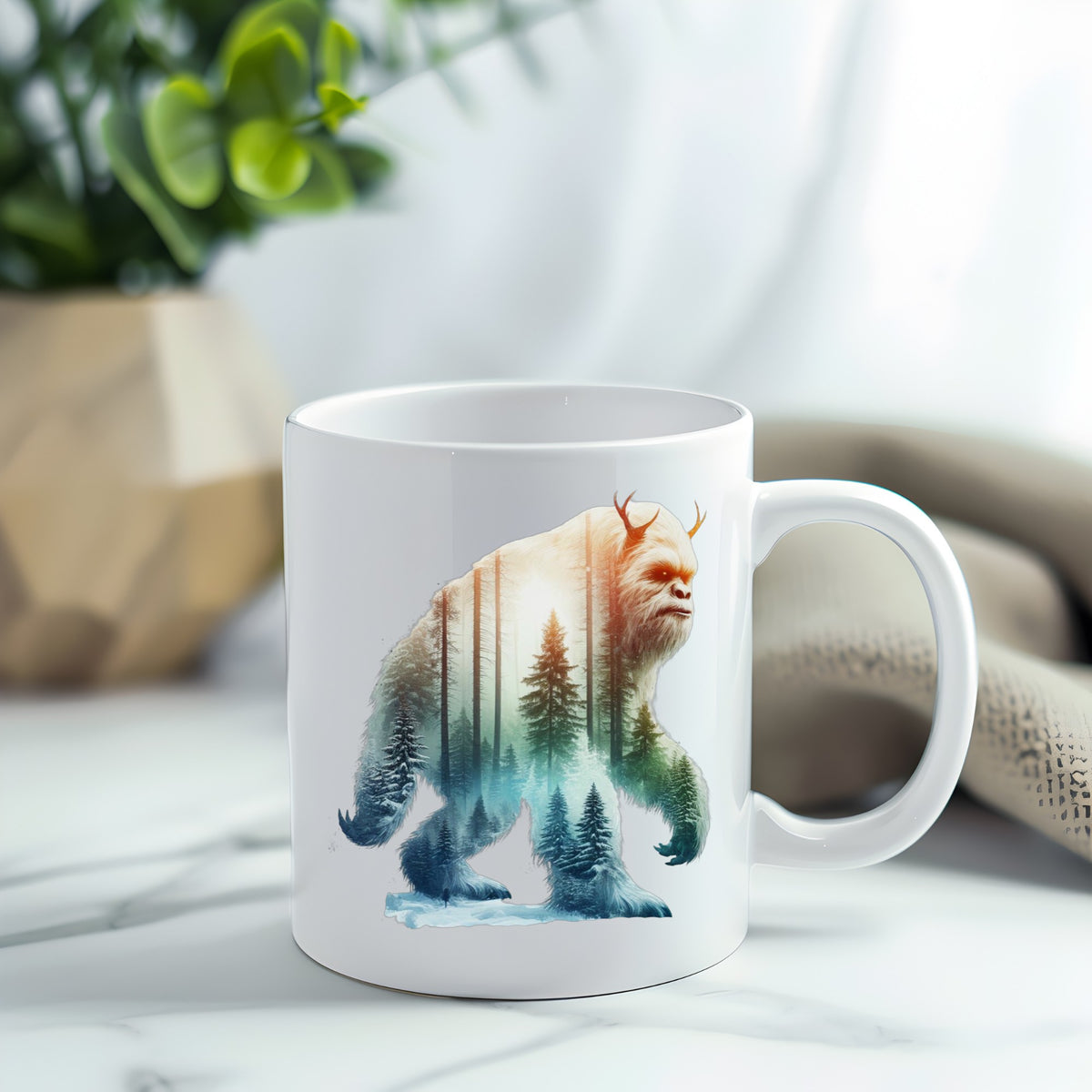 Walking Sasquatch UV DTF sticker applied to a white coffee mug