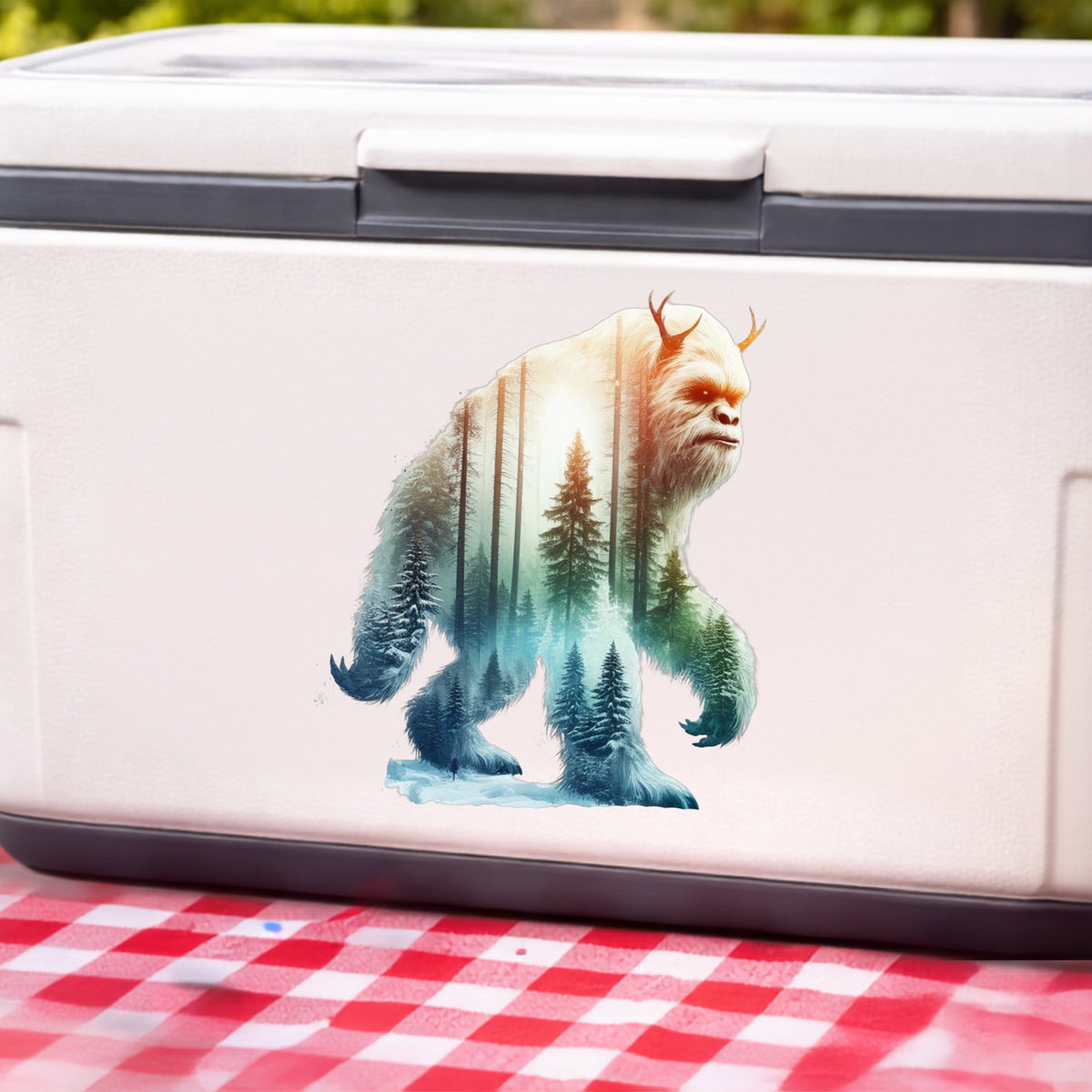 Walking Sasquatch UV DTF sticker applied to a white cooler on a red gingham cloth
