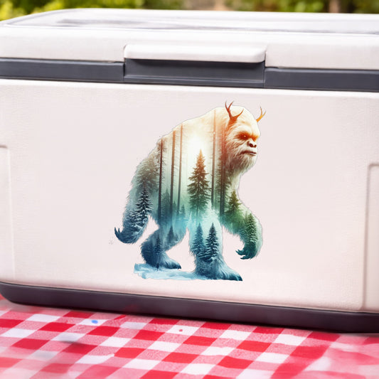 Walking Sasquatch UV DTF sticker applied to a white cooler on a red gingham cloth