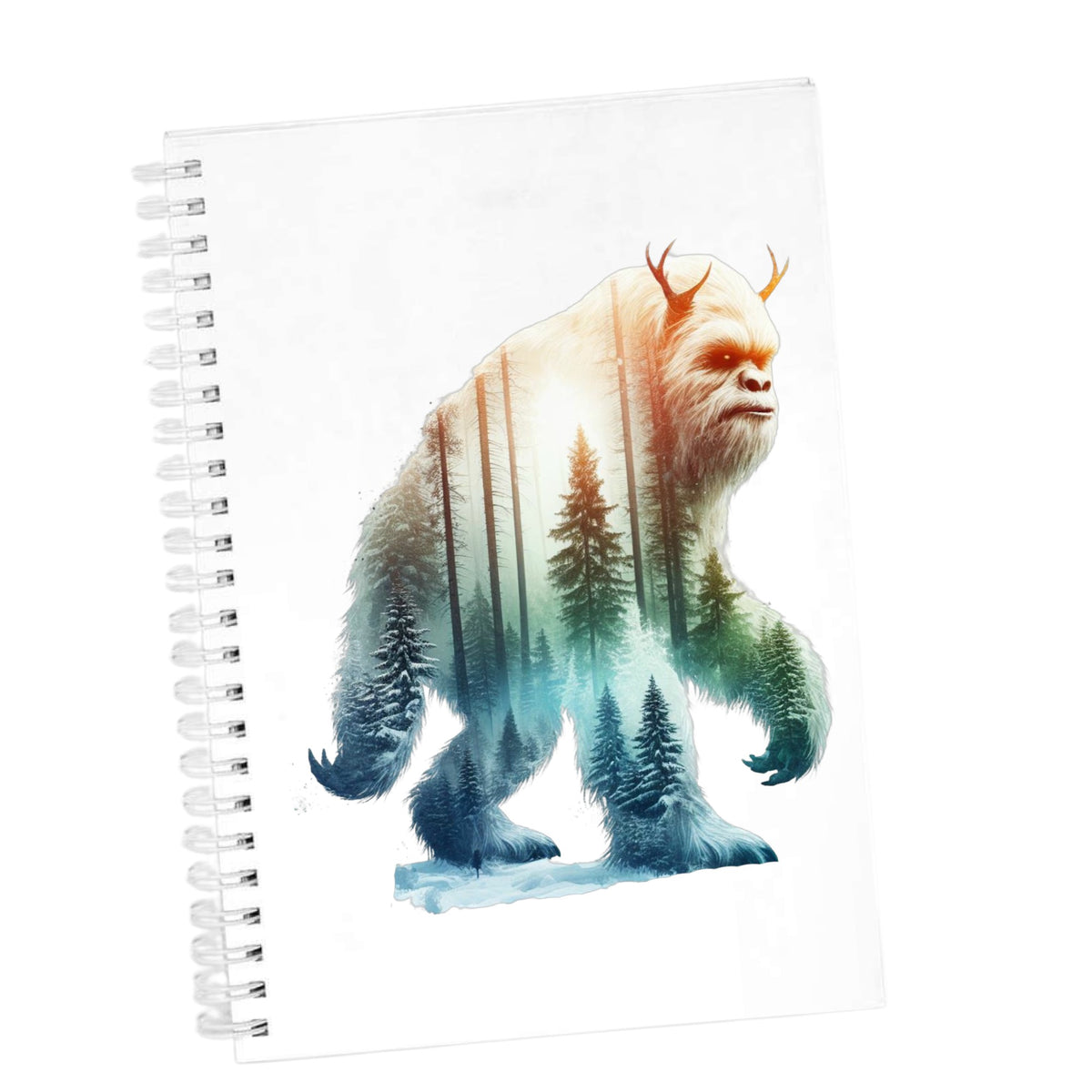Walking Sasquatch UV DTF sticker applied to the cover of a white spiral journal