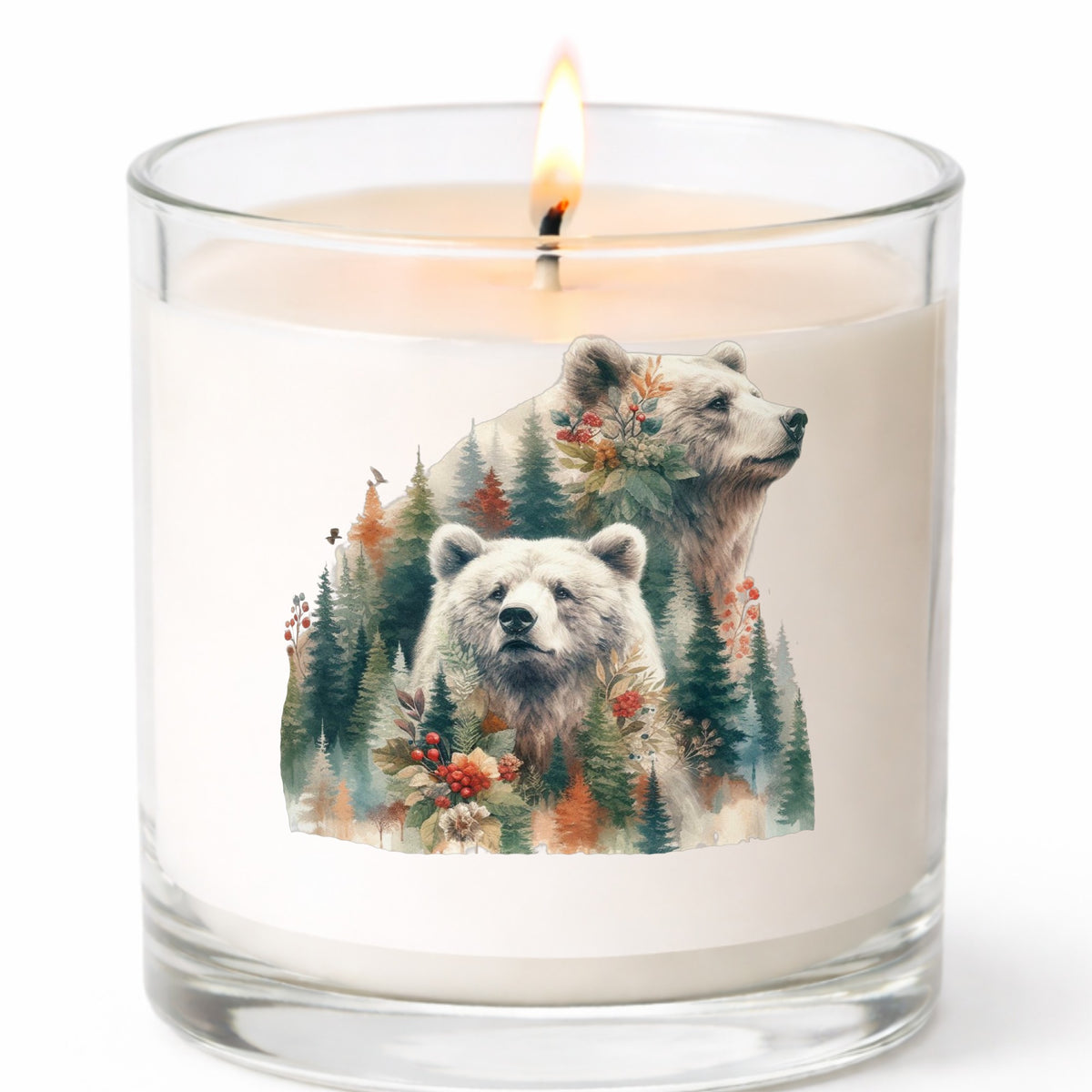 Two Bears UV DTF sticker applied to a white candle in a clear glass jar