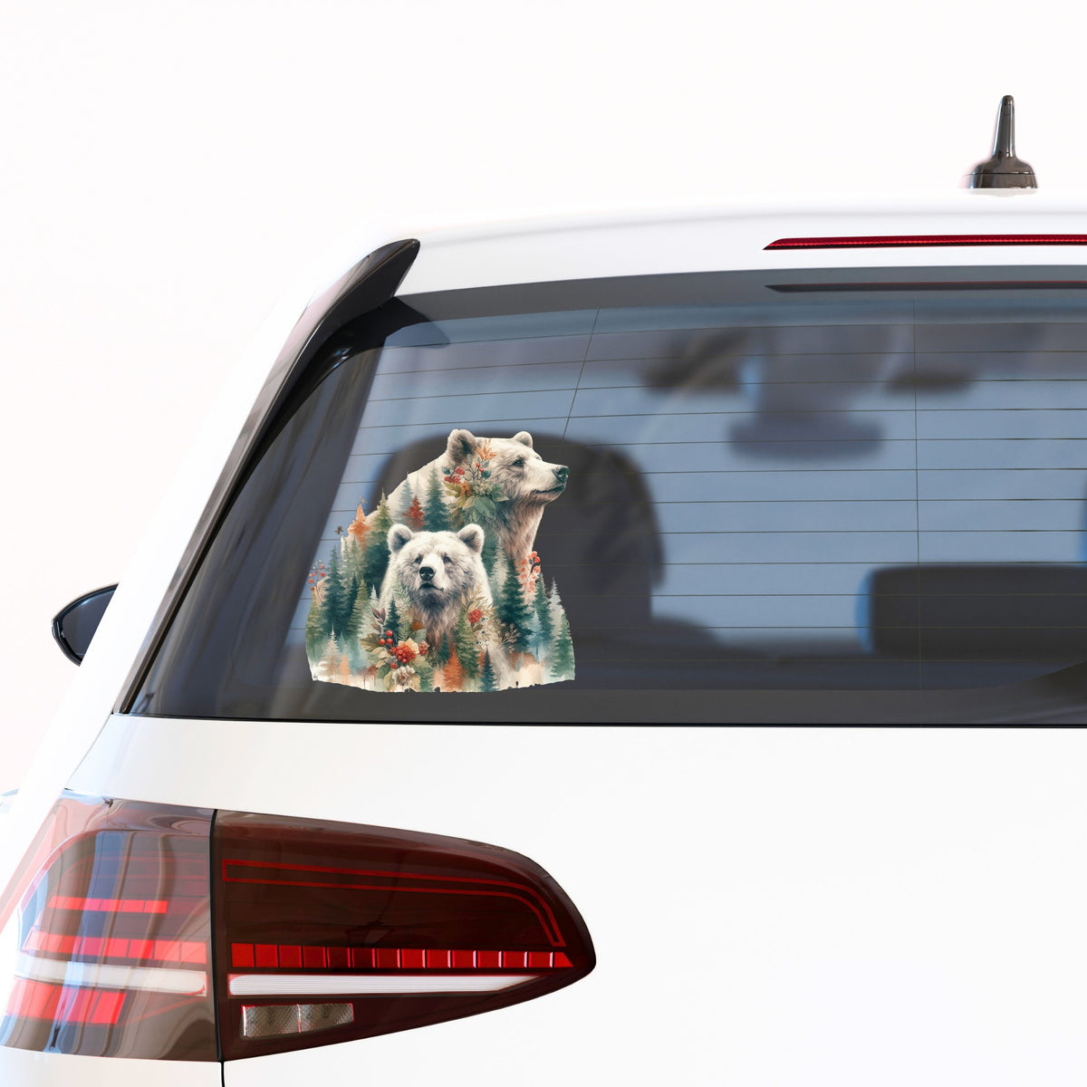 Two Bears UV DTF sticker applied to the rear window of a white car
