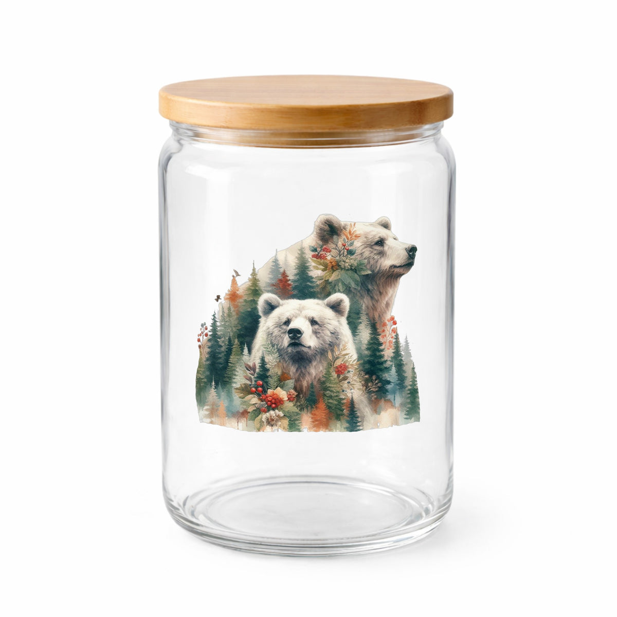 Two Bears UV DTF sticker applied to a clear glass jar with a wooden lid