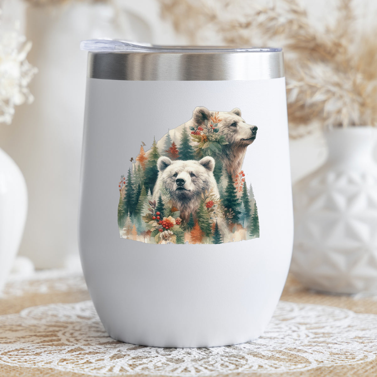 Two Bears UV DTF sticker applied to a white stemless tumbler with a lid