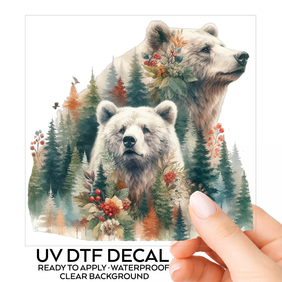 Two Bears UV DTF sticker on its backing card, held in hand