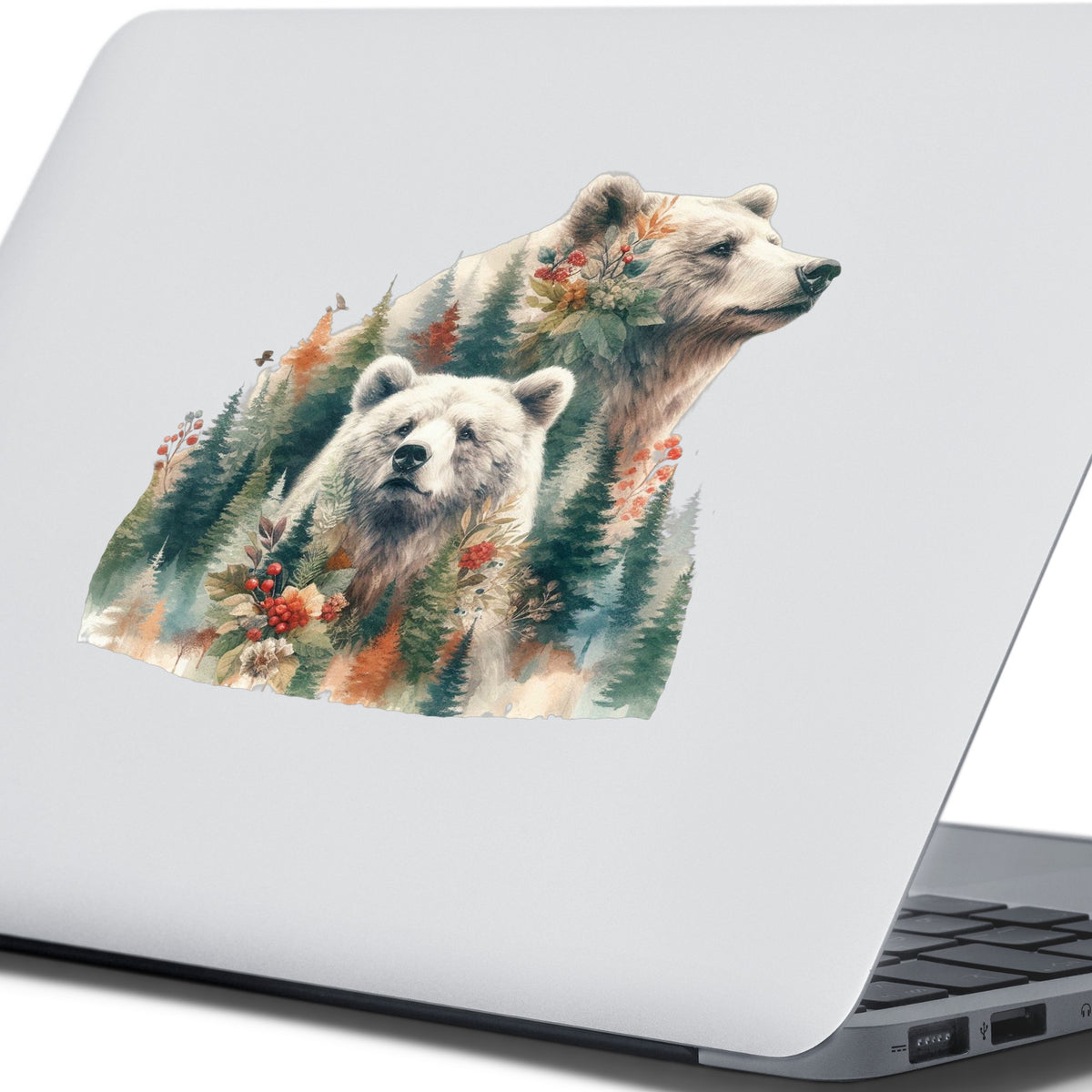 Two Bears UV DTF sticker applied to the lid of a silver laptop