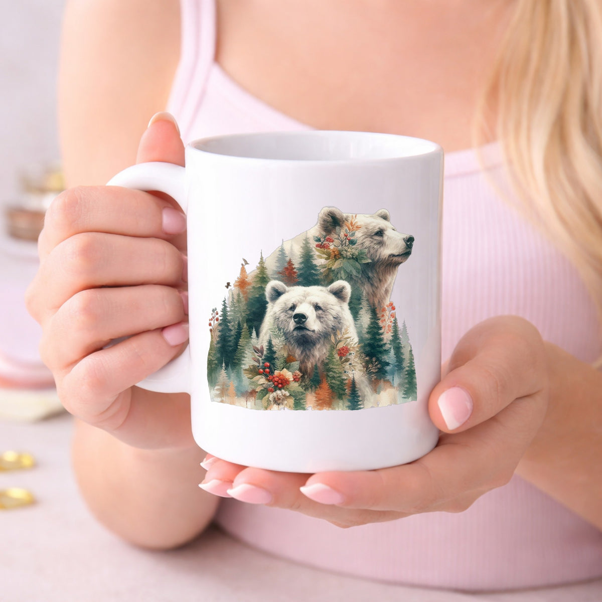 Two Bears UV DTF sticker applied to a white coffee mug held in both hands