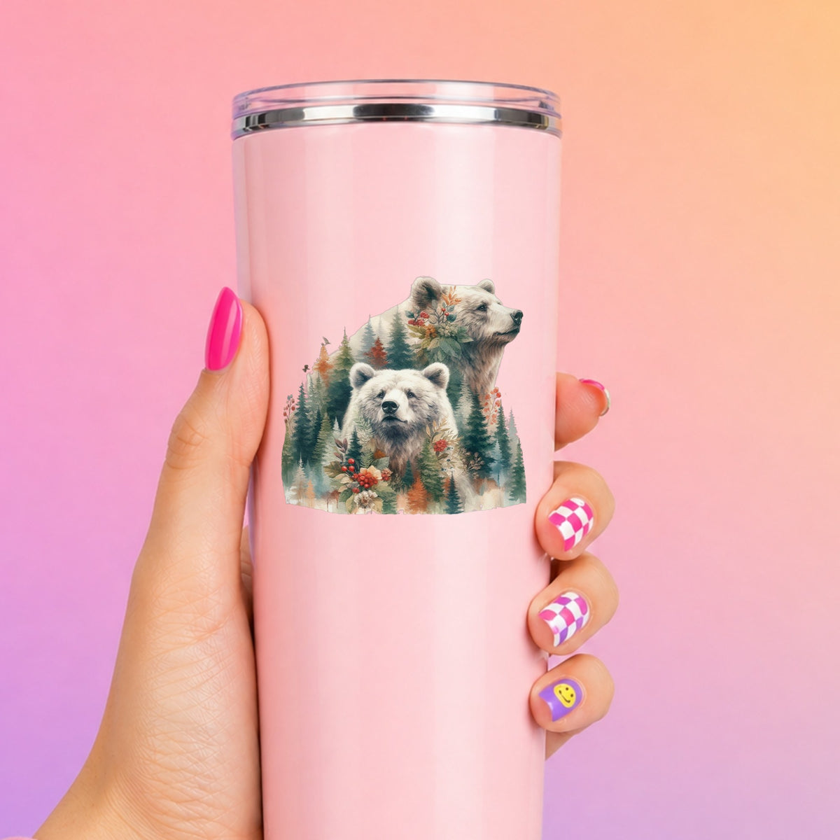 Two Bears UV DTF sticker applied to a tall pink tumbler on a pink and orange background