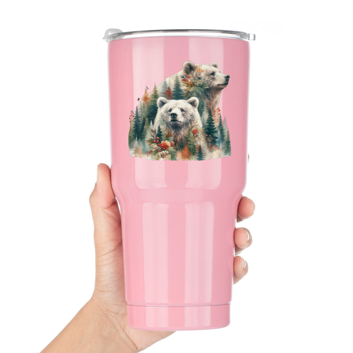 Two Bears UV DTF sticker applied to a pink tumbler held against a white background
