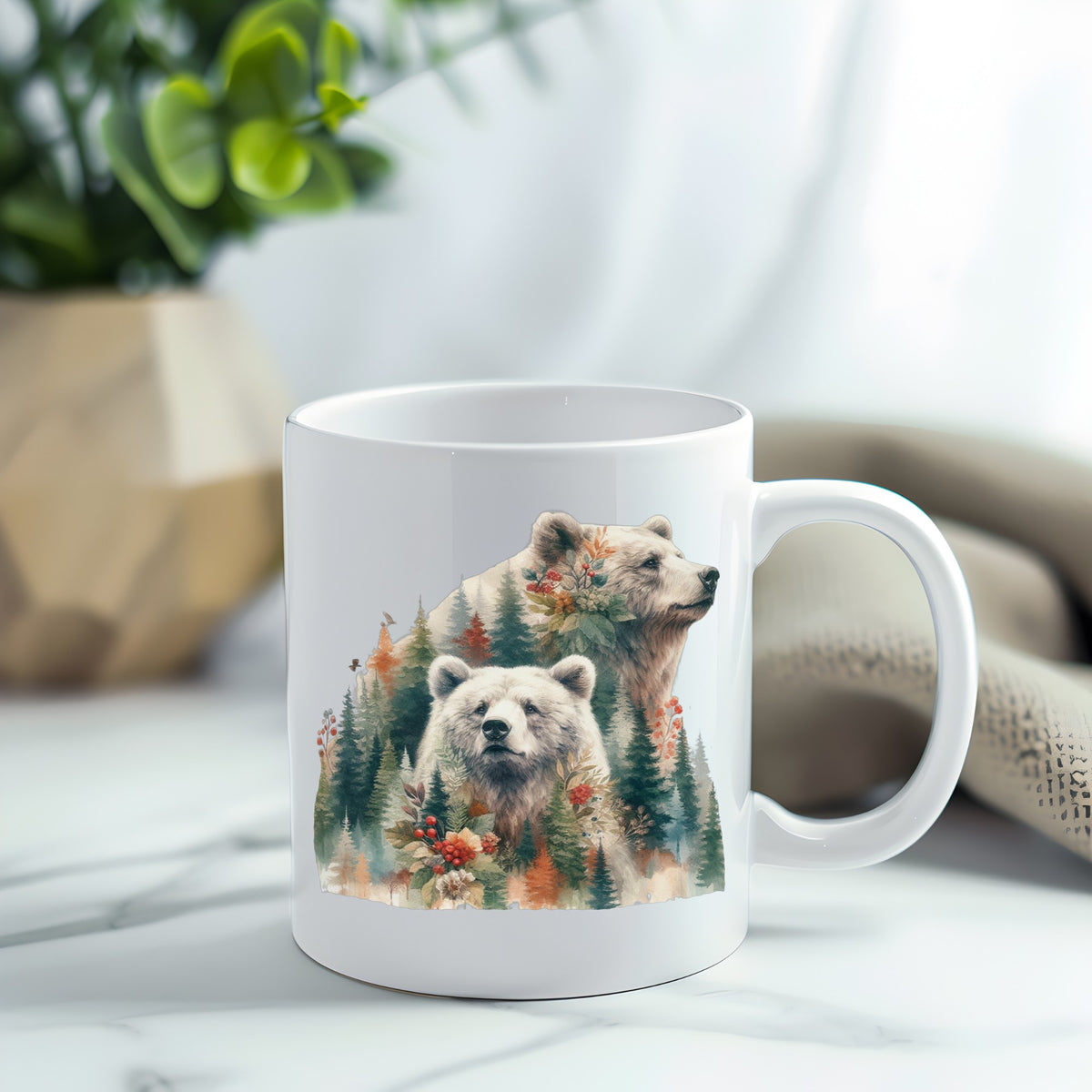 Two Bears UV DTF sticker applied to a white coffee mug