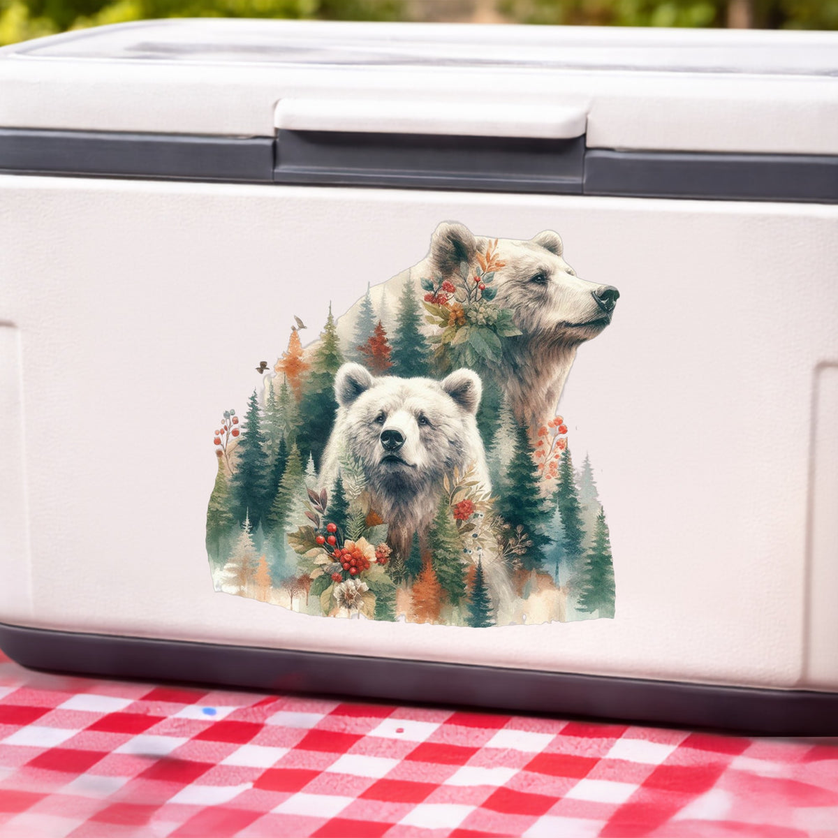 Two Bears UV DTF sticker applied to a white cooler on a red gingham cloth