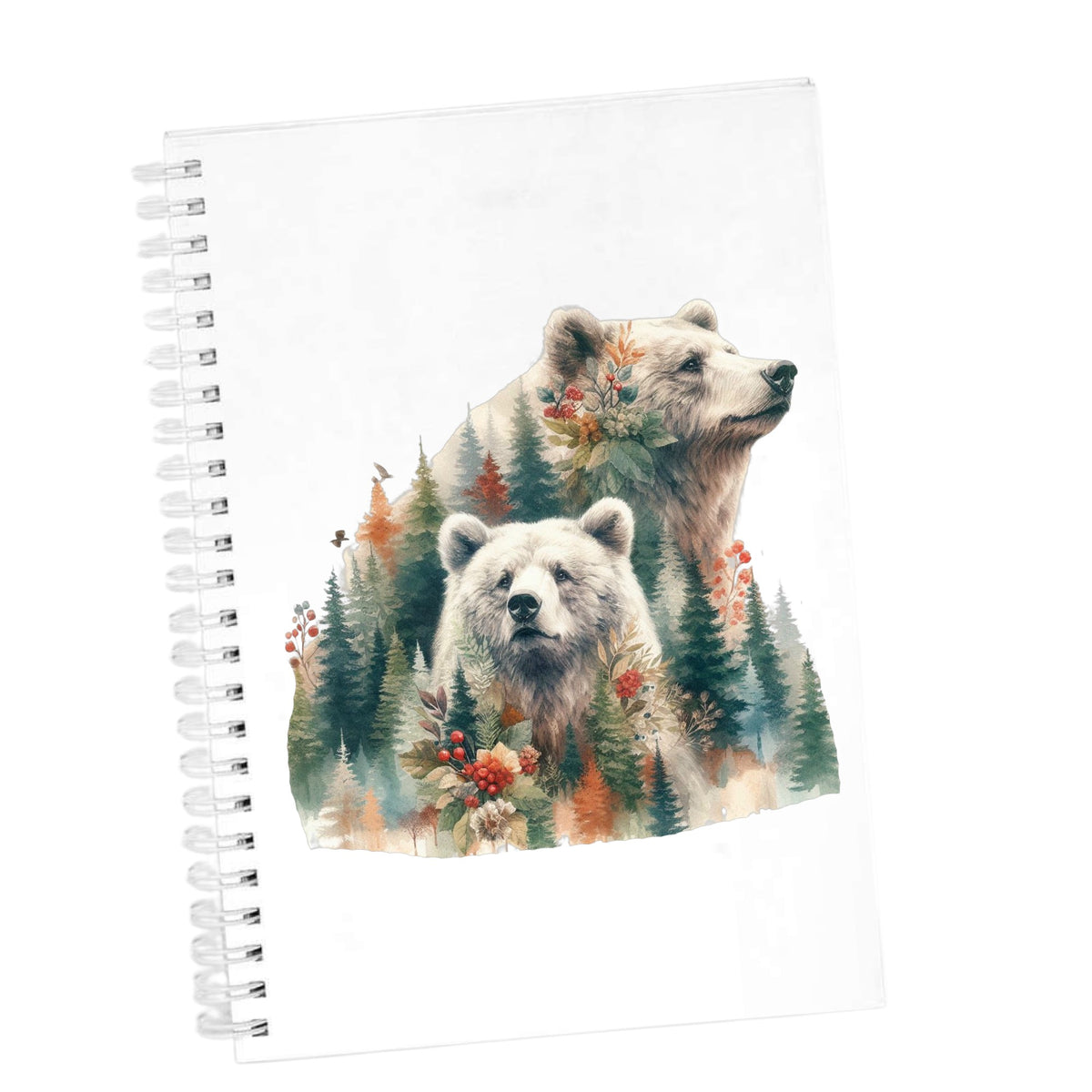 Two Bears UV DTF sticker applied to the cover of a white spiral journal