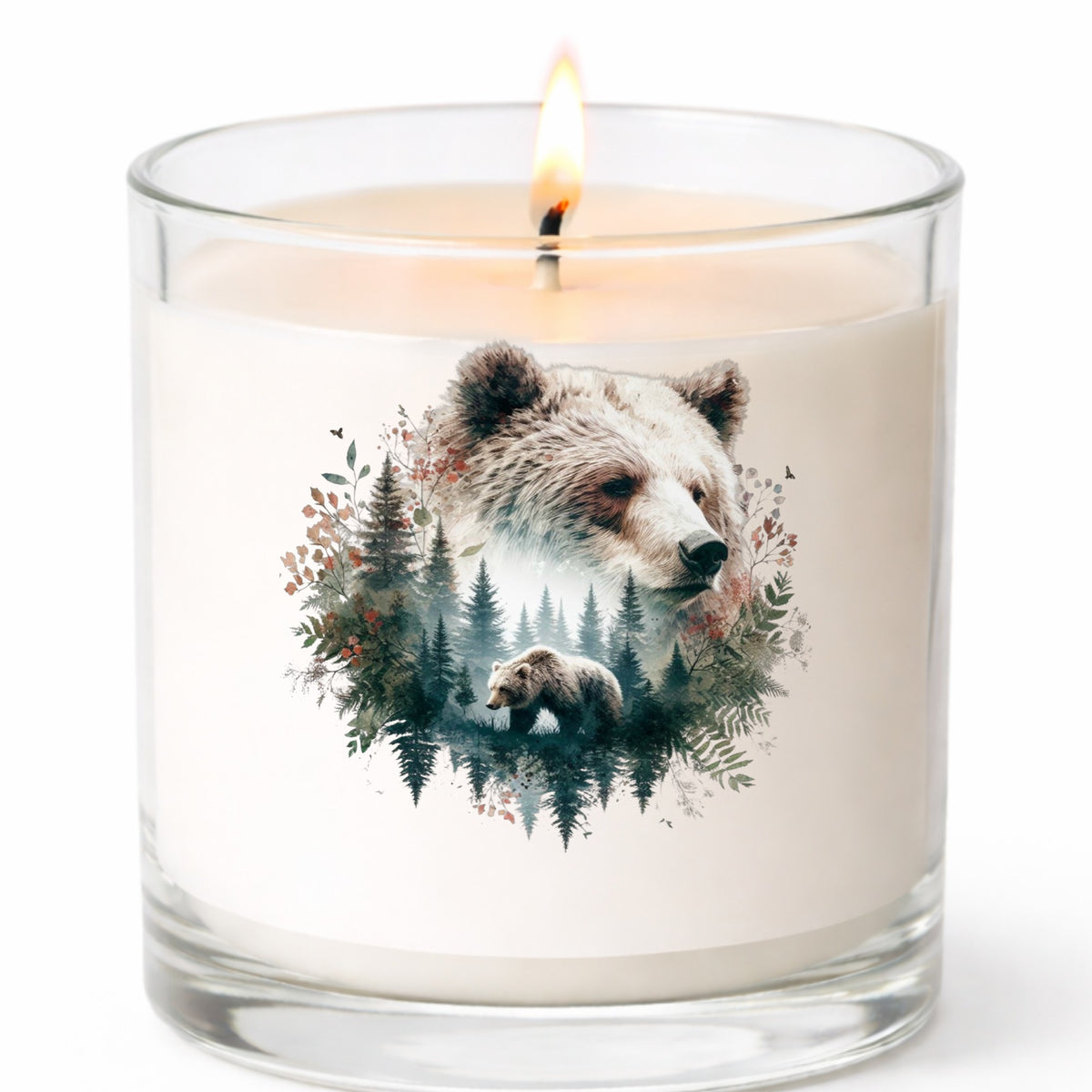 Brown Bear Botanical UV DTF sticker applied to a white candle in a clear glass jar
