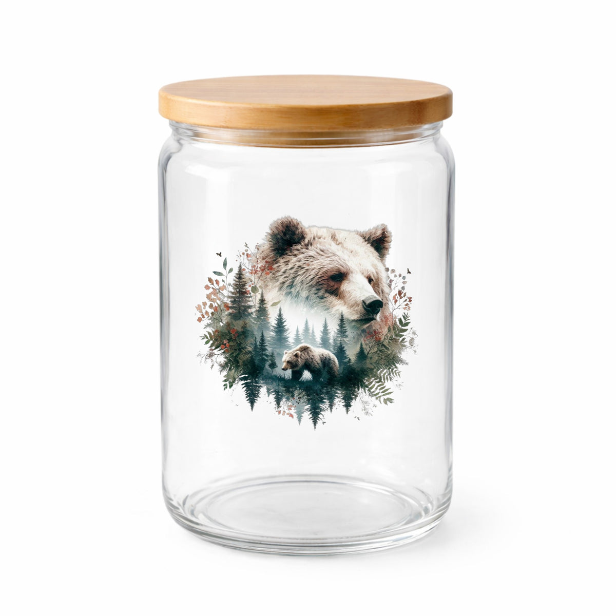 Brown Bear Botanical UV DTF sticker applied to a clear glass jar with a wooden lid