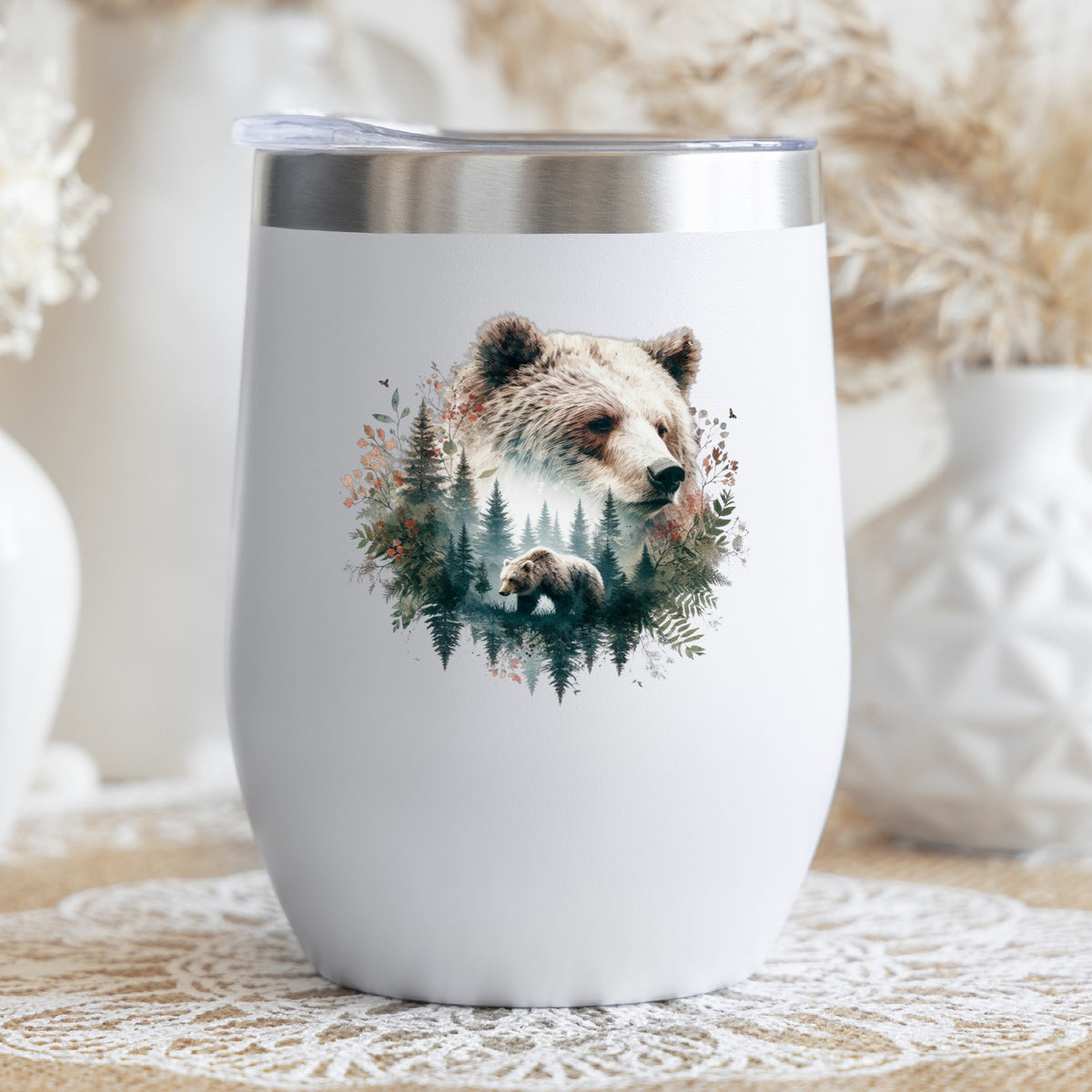 Brown Bear Botanical UV DTF sticker applied to a white stemless tumbler with a lid