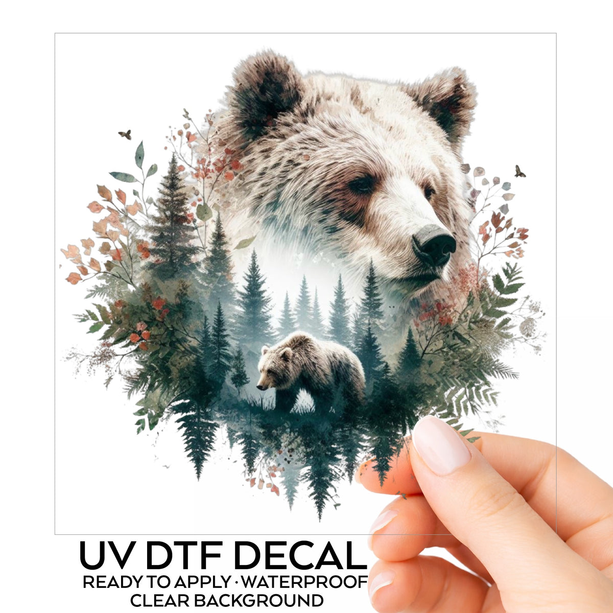 Brown Bear Botanical UV DTF sticker on its backing card, held in hand