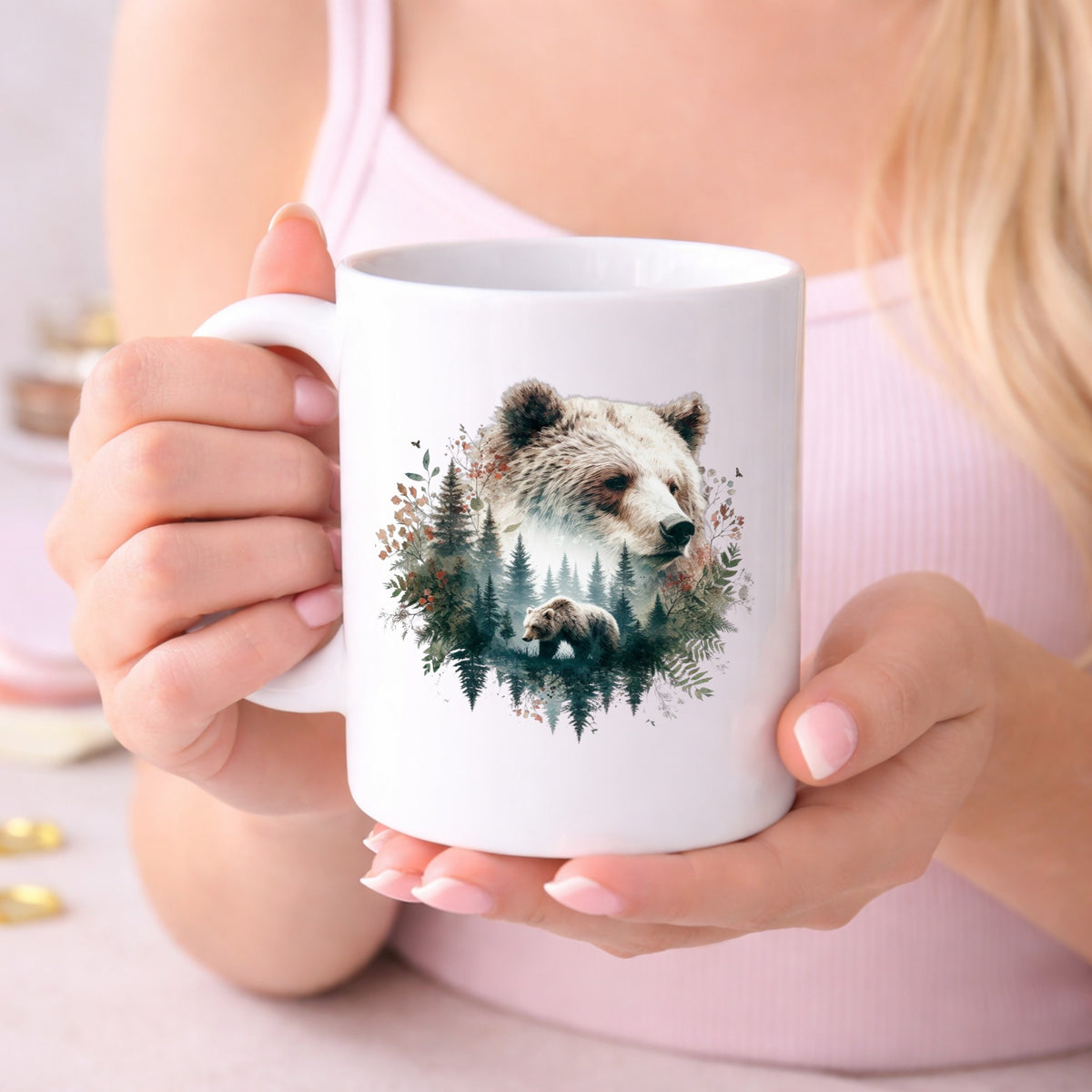 Brown Bear Botanical UV DTF sticker applied to a white coffee mug held in both hands