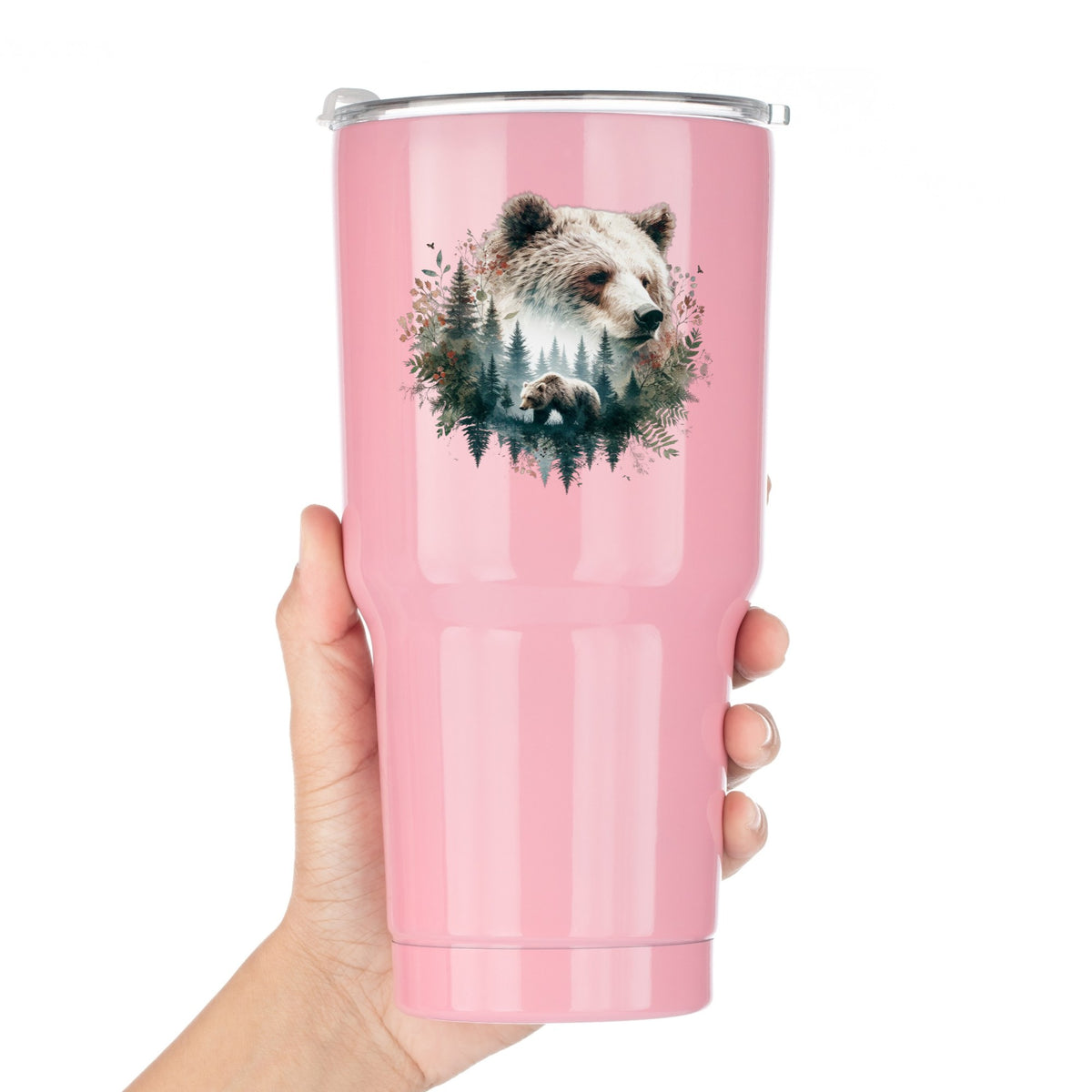 Brown Bear Botanical UV DTF sticker applied to a pink tumbler held against a white background