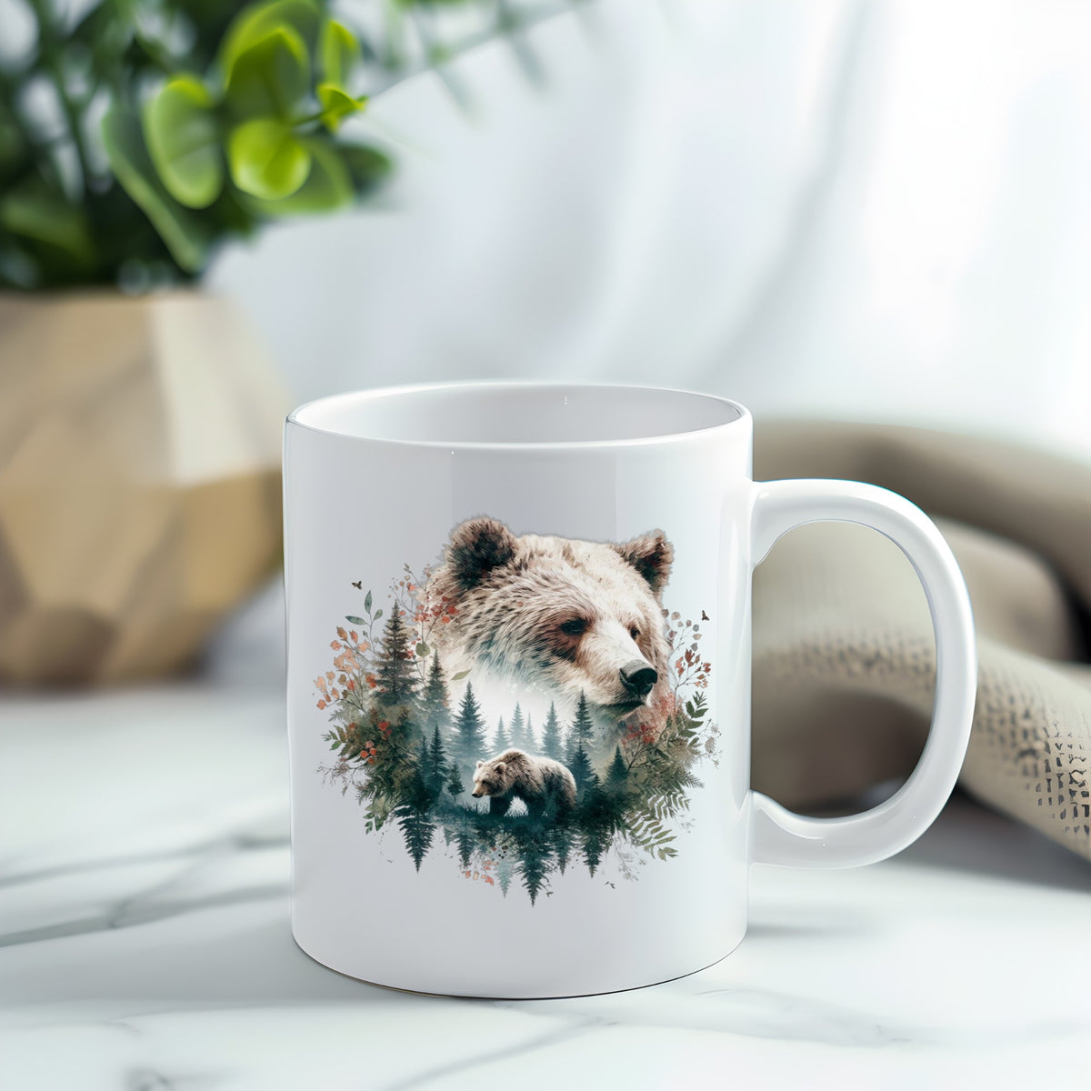 Brown Bear Botanical UV DTF sticker applied to a white coffee mug