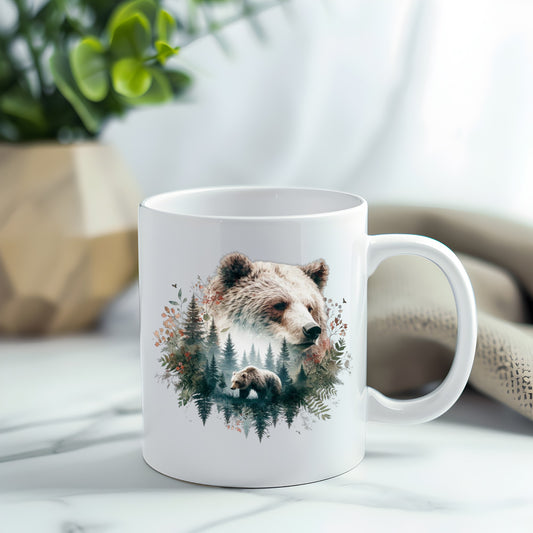 Brown Bear Botanical UV DTF sticker applied to a white coffee mug