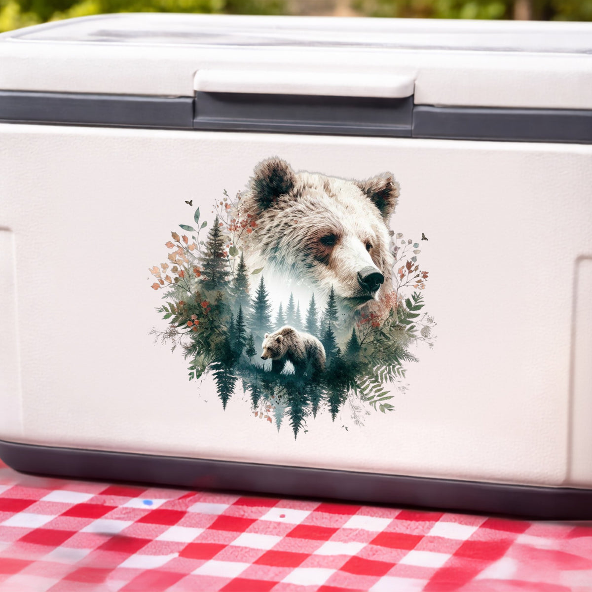 Brown Bear Botanical UV DTF sticker applied to a white cooler on a red gingham cloth