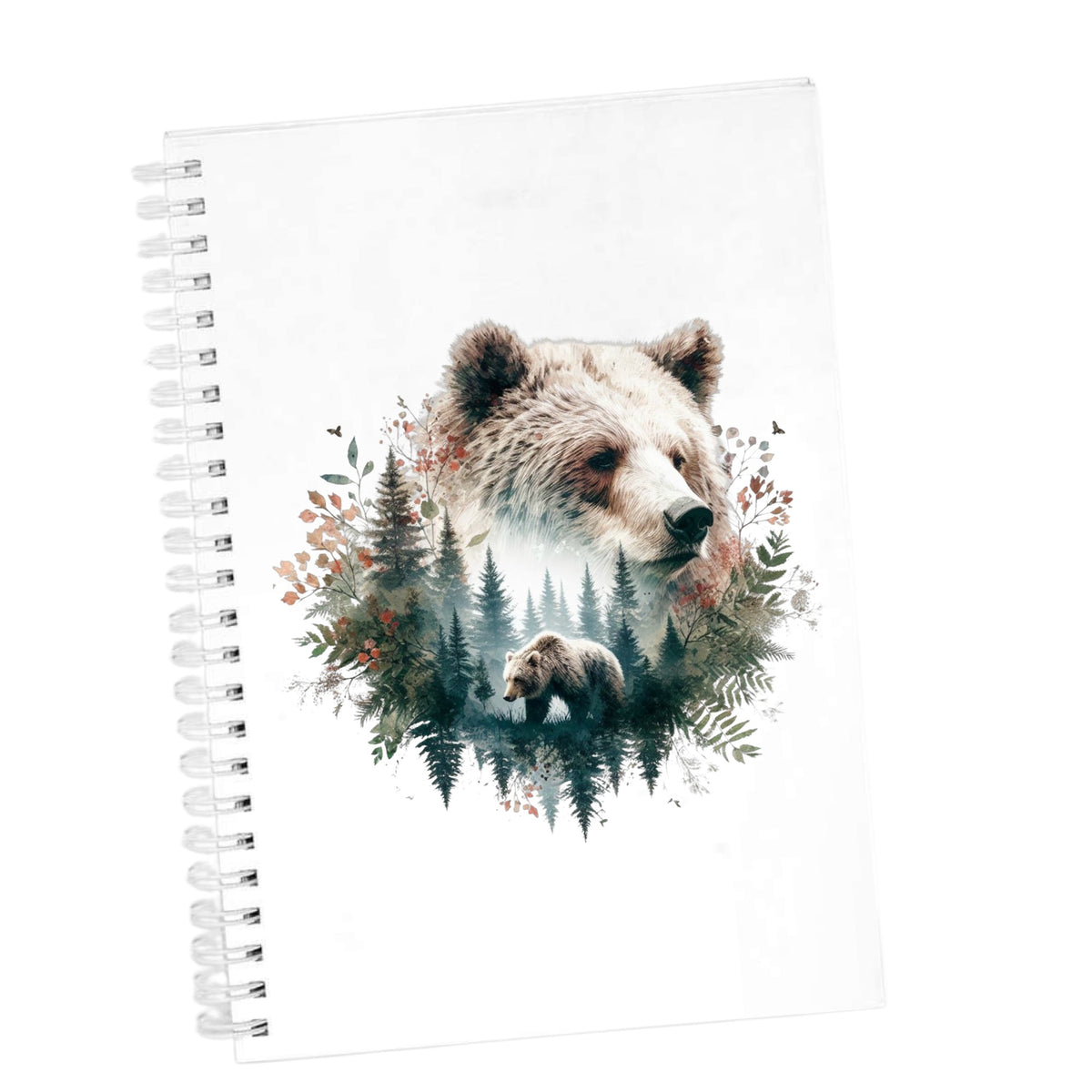 Brown Bear Botanical UV DTF sticker applied to the cover of a white spiral journal