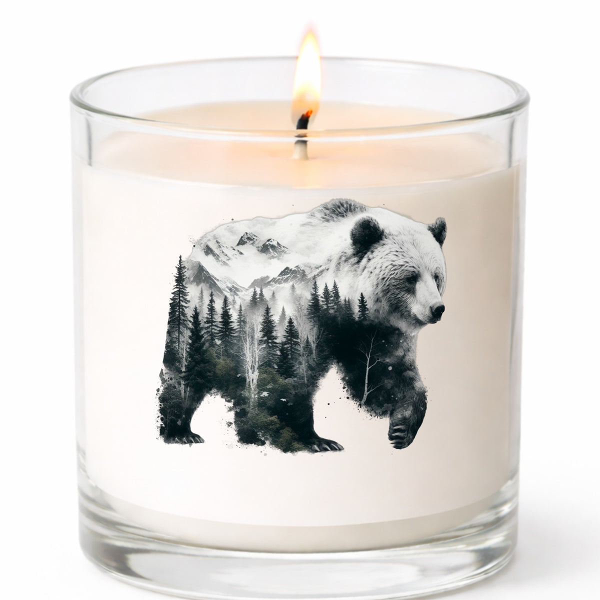 Mountain Bear UV DTF sticker applied to a white candle in a clear glass jar