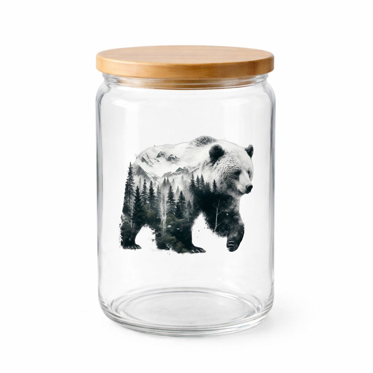 Mountain Bear UV DTF sticker applied to a clear glass jar with a wooden lid