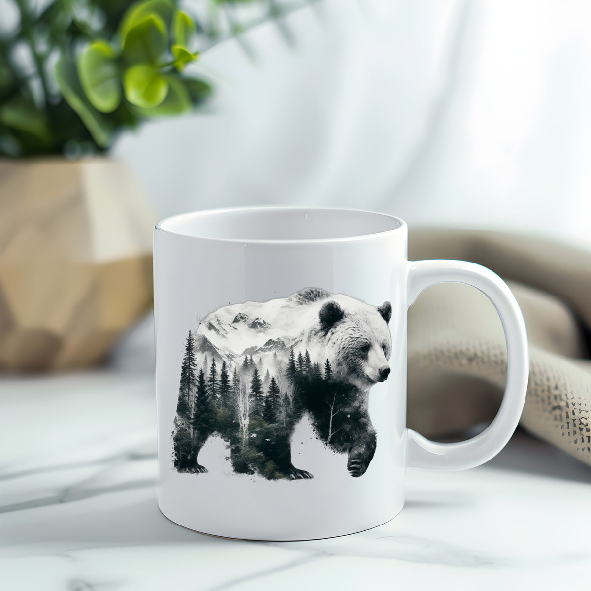 Mountain Bear UV DTF sticker applied to a white coffee mug