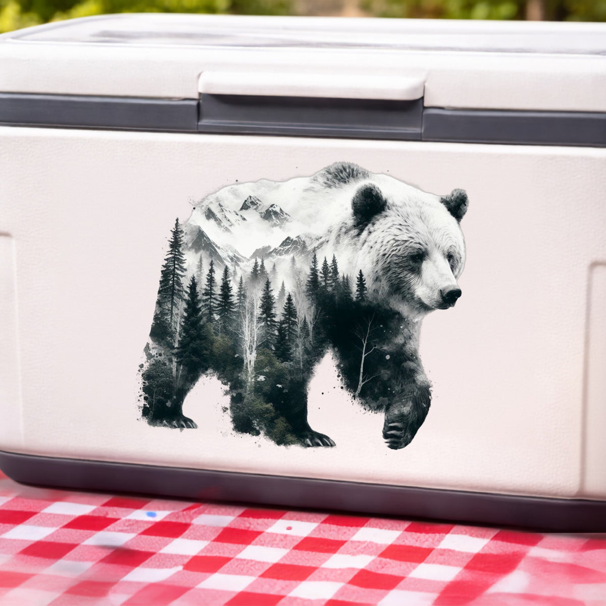 Mountain Bear UV DTF sticker applied to a white cooler on a red gingham cloth