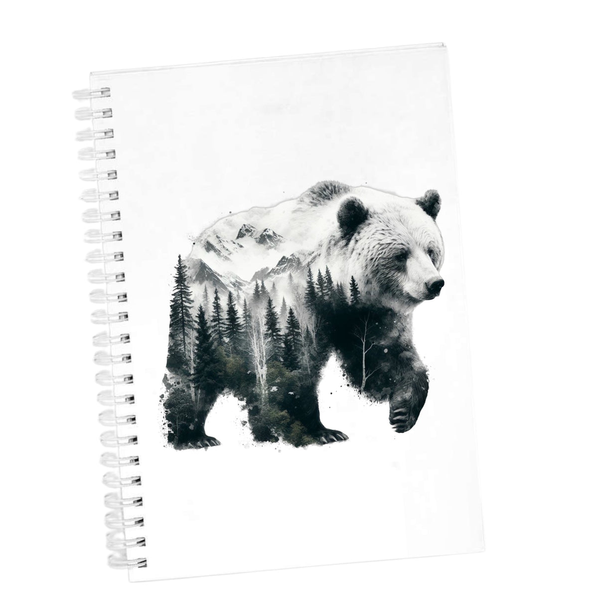 Mountain Bear UV DTF sticker applied to the cover of a white spiral journal