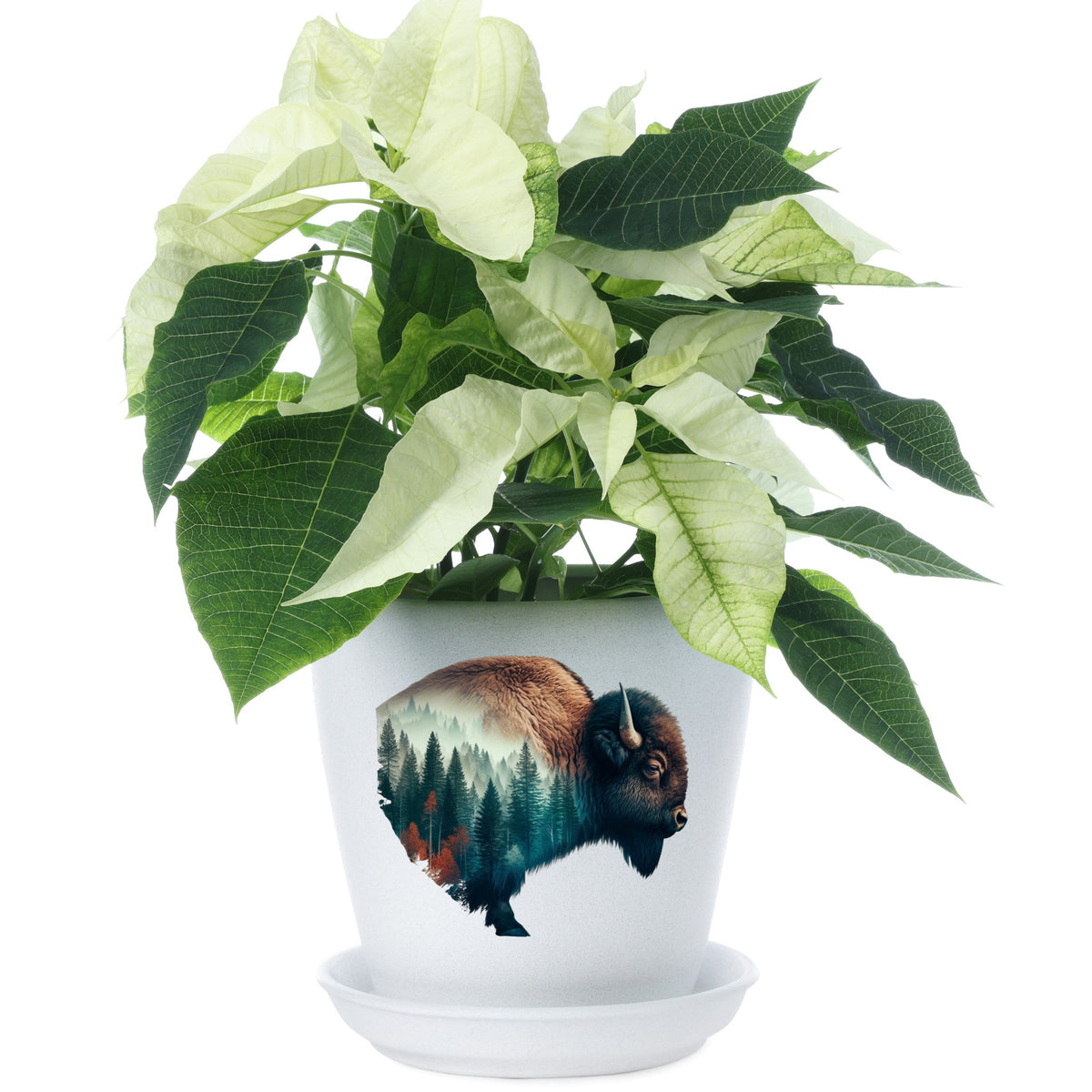 Bison Profile UV DTF sticker applied to a white flower pot