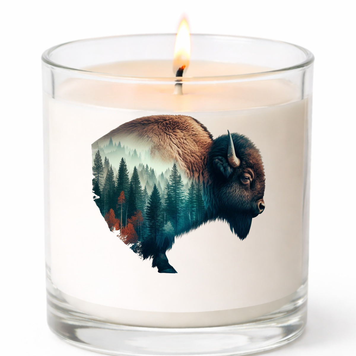 Bison Profile UV DTF sticker applied to a white candle in a clear glass jar