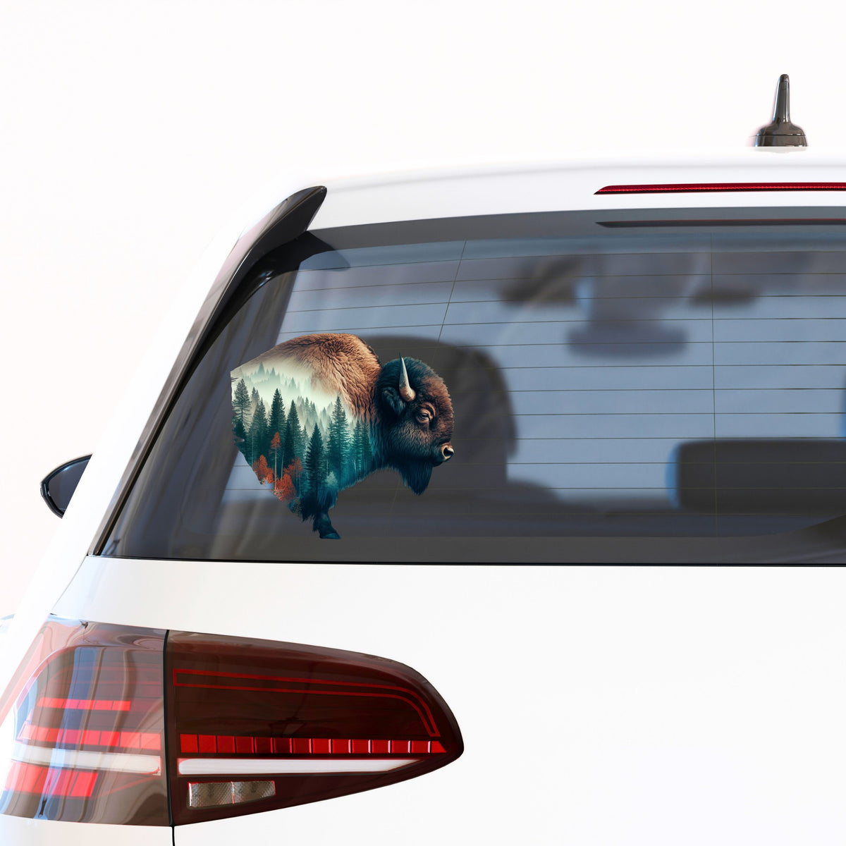 Bison Profile UV DTF sticker applied to the rear window of a white car