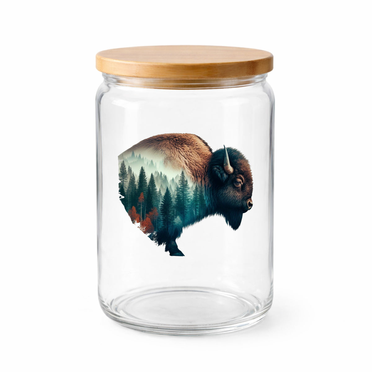 Bison Profile UV DTF sticker applied to a clear glass jar with a wooden lid